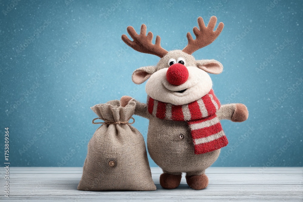 A cute reindeer character stands next to a burlap sack, wearing a red and white striped scarf. The background features a soft blue shade, evoking a festive winter atmosphere.
