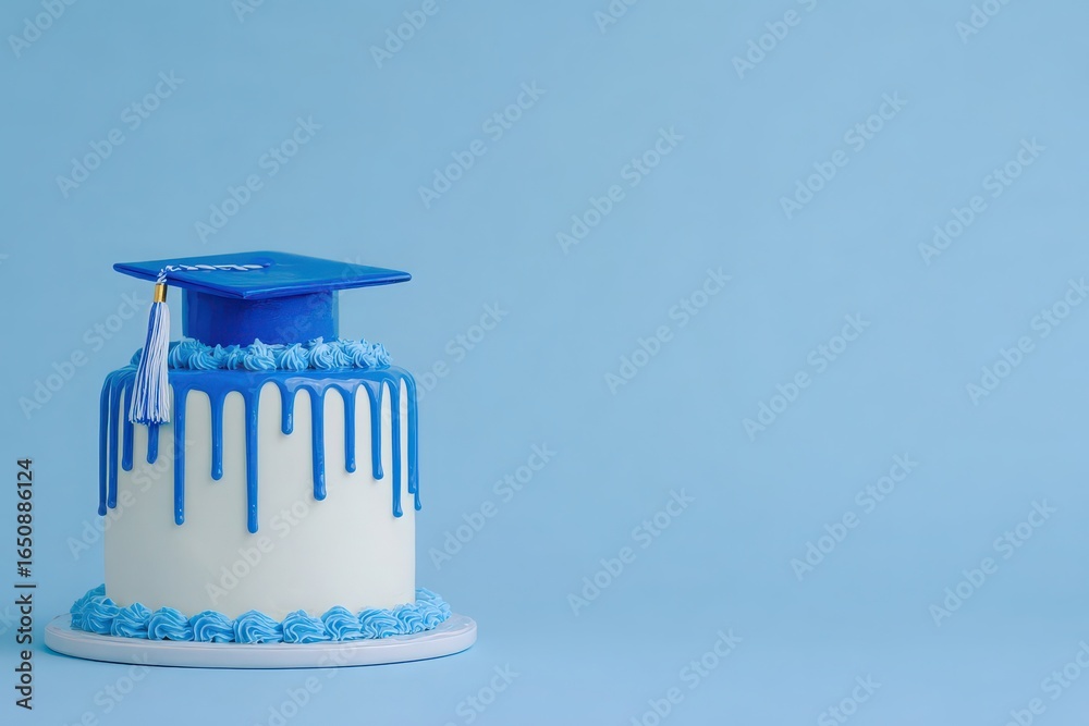 A decorated cake in shades of blue features dripping icing and a graduation cap with a tassel. This festive dessert symbolizes achievement and celebration, perfect for graduation events.