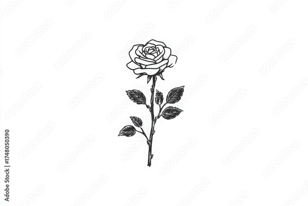 A detailed black and white drawing of a rose with delicate petals and leaves. The stem stands upright, showcasing the natural beauty of the flower in a minimalist style.