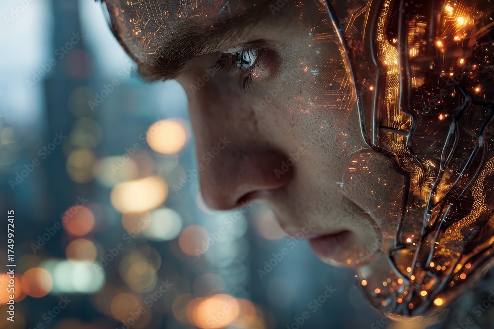 A detailed close-up of a cyborgs face reveals a blend of human features and advanced technology.