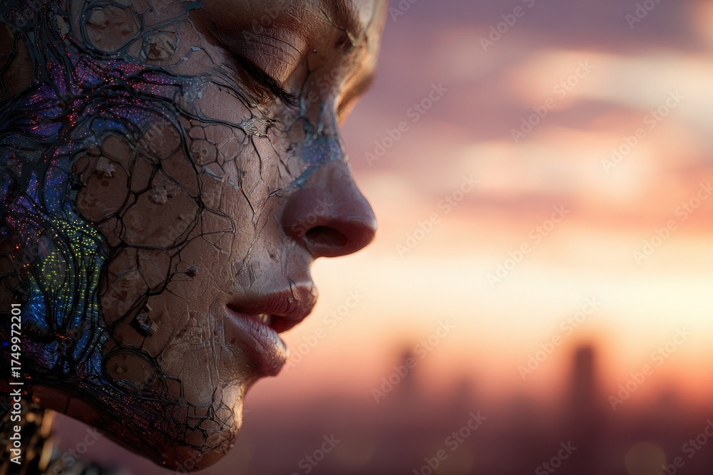 A detailed close-up of a robotic face with abstract surface textures meets a colorful sunset. The figure is set against a blurred city skyline, evoking a sense of advanced technology and emotion.