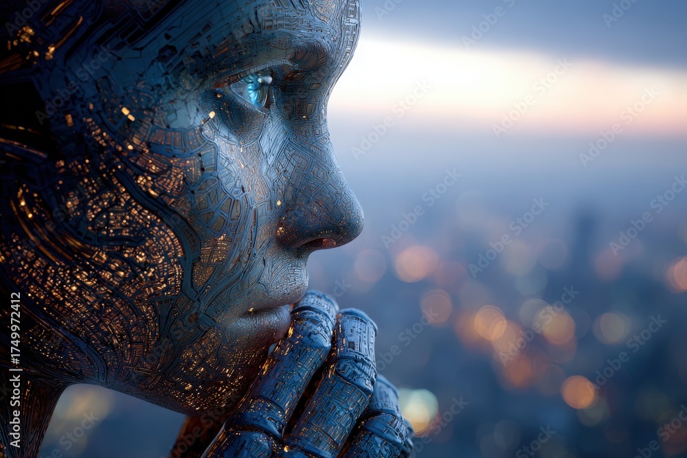 A detailed cyborg with intricate designs looks thoughtfully towards a city skyline at twilight. The lights in the background create a vibrant atmosphere, enhancing the modern feel.
