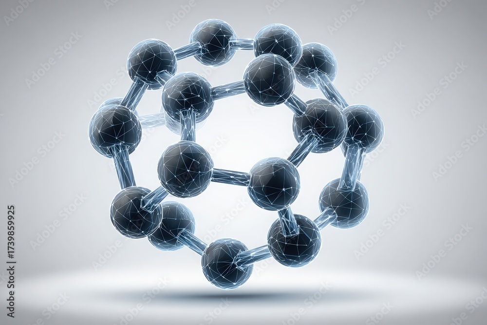 A detailed representation of a molecular structure showcases black and transparent spheres connected by thin lines in a three-dimensional format.