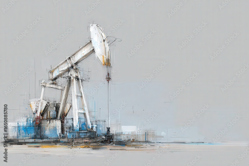 A detailed sketch depicts an oil pump jack extracting resources from the ground in an expansive oil field. The machinery stands prominently against a minimalist background, showcasing its design.