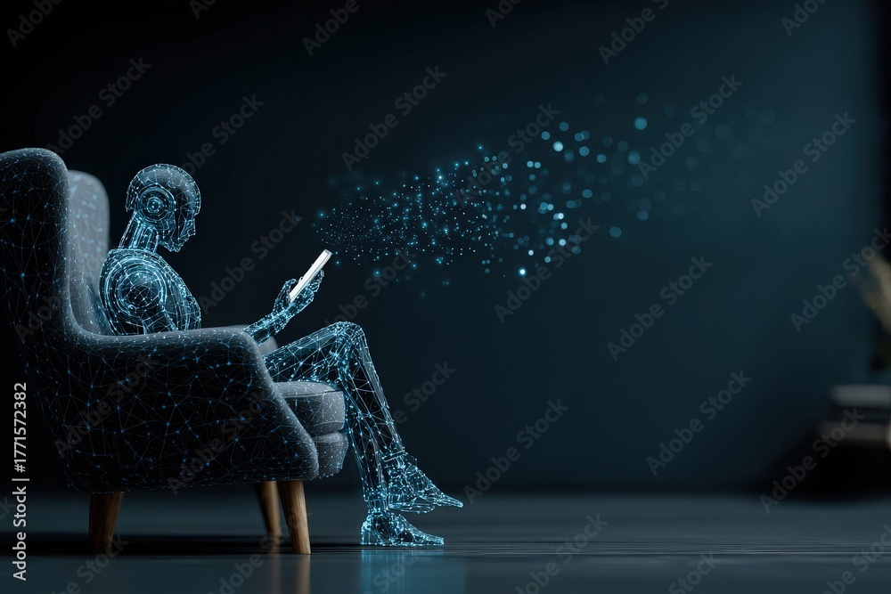 A digital figure sits comfortably in a stylish chair, engaged with a glowing device. The background features a dark, minimalist environment, emphasizing the futuristic feel of the moment.