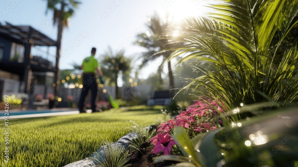 A diligent gardener waters bright pink flowers in a lush, green garden under the warm sun. Palm trees and a sparkling pool enhance the beautiful outdoor space, showcasing vibrant nature and hard work.