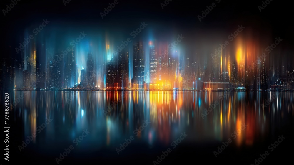 A dynamic city skyline at night shows tall buildings glowing with colorful lights. The reflections shimmer on the calm water, creating a stunning visual contrast against the dark sky.