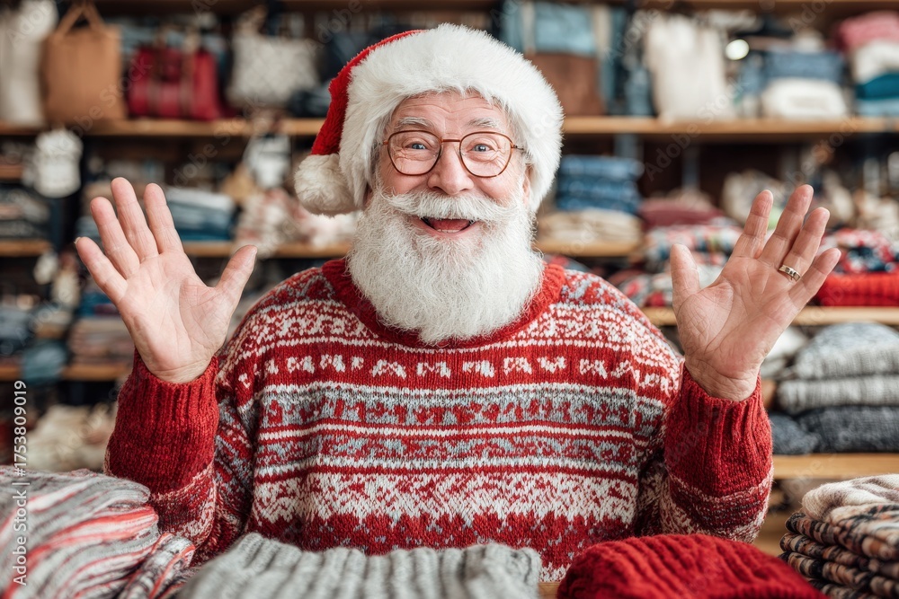 A friendly man in a Santa hat and a festive sweater smiles and gestures warmly in a wool shop filled with colorful knitwear. The atmosphere suggests a welcoming holiday spirit.