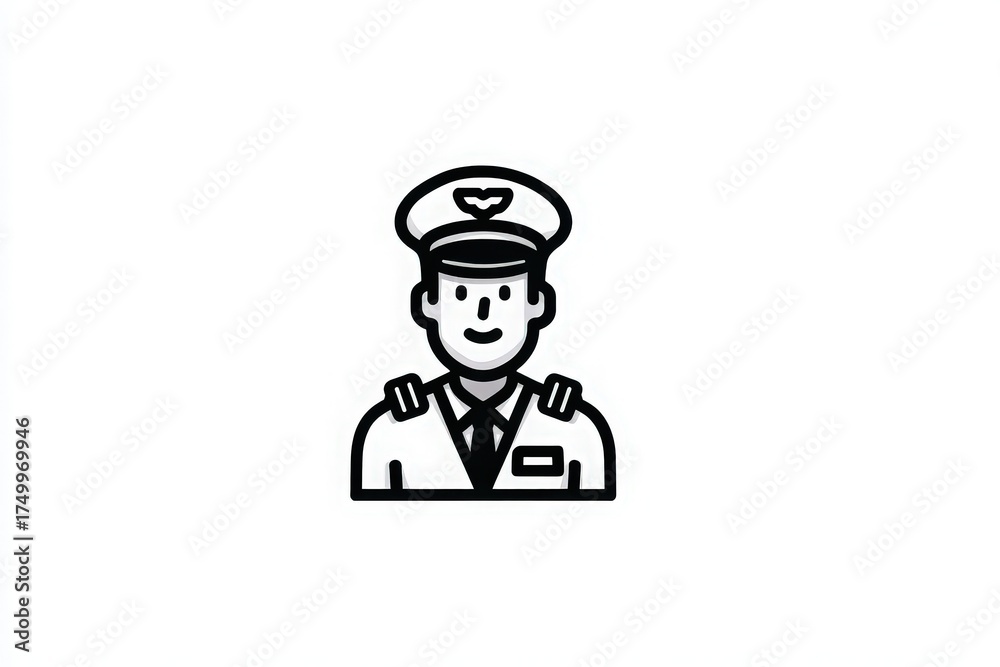 A friendly pilot wearing a formal uniform and cap stands proudly. The setting suggests an airport environment, reflecting the aviation industry and air travel.