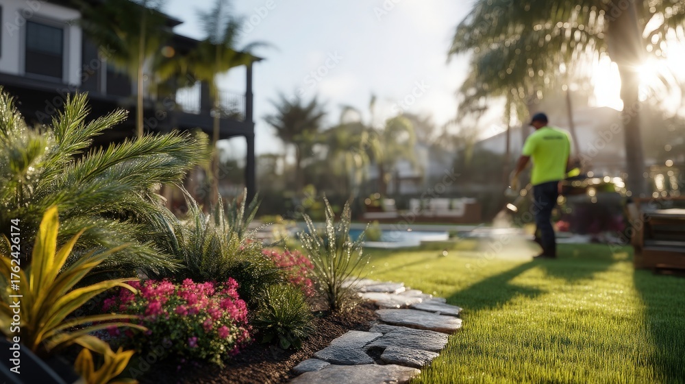 A gardener is carefully watering vibrant flowers and plants in a well-kept backyard. The sun shines brightly, illuminating the greenery and creating a serene atmosphere by the pool.