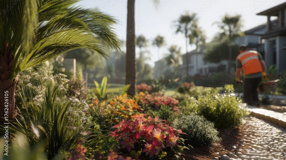 A gardener is tending to a colorful flower bed filled with various plants. The scene is set in a bright residential area with palm trees and well-kept gardens, showcasing vibrant flowers and greenery.