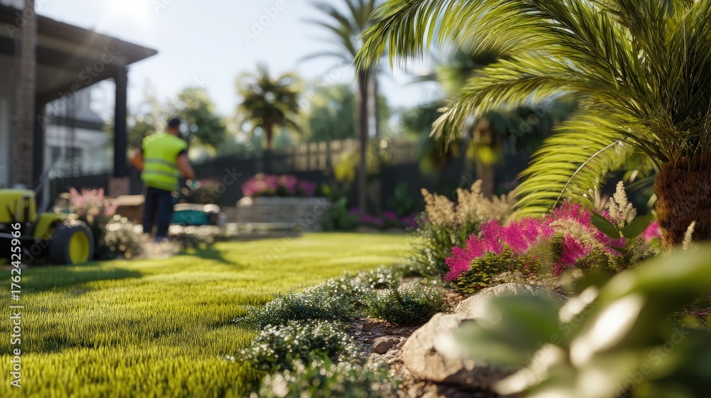 A gardener tending to a beautiful garden filled with colorful flowers and greenery. The scene captures a sunny afternoon with palms and well-maintained grass.