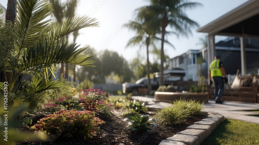 A gardener tends to a vibrant yard, surrounded by green plants and colorful flowers. Sunlight streams through palm trees, creating a warm atmosphere. A house and vehicle are visible in the background.