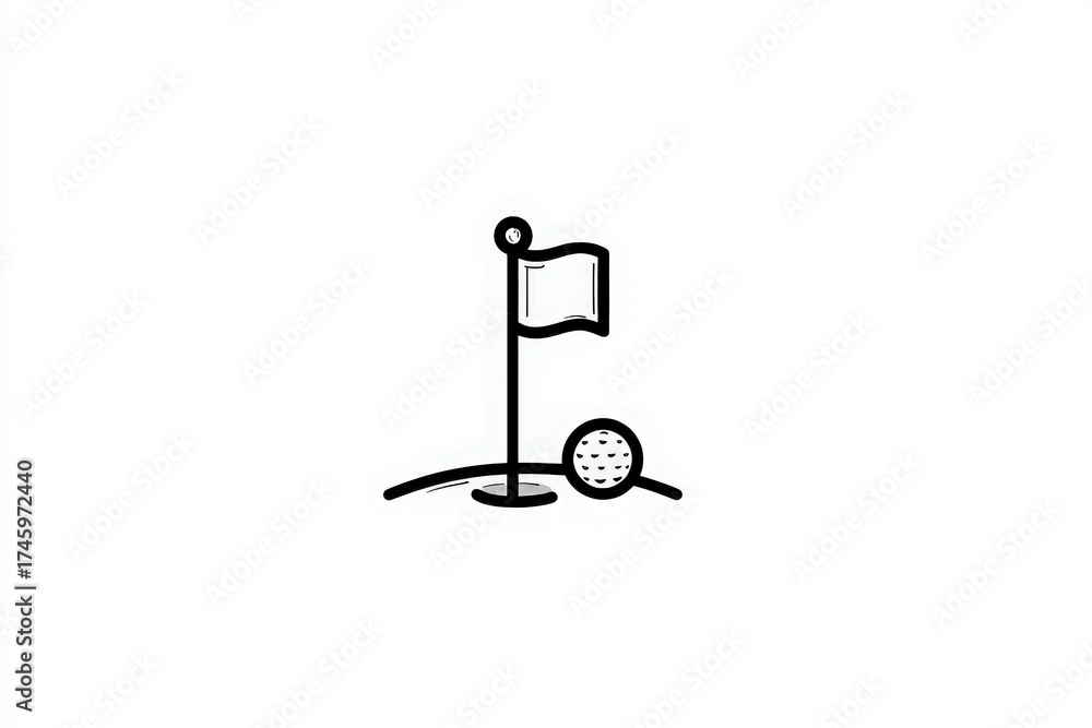 A golf hole features a small flag and a golf ball resting beside it on a clean white background. This simple design highlights key elements of the sport, symbolizing the game.
