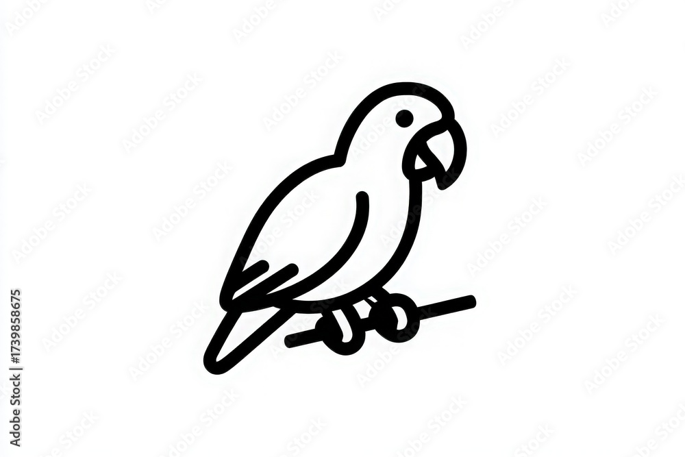A graphic representation shows a parrot sitting on a branch. The parrot features simple, clean lines and is depicted in a minimalistic style. This artwork emphasizes the birds distinctive shape.