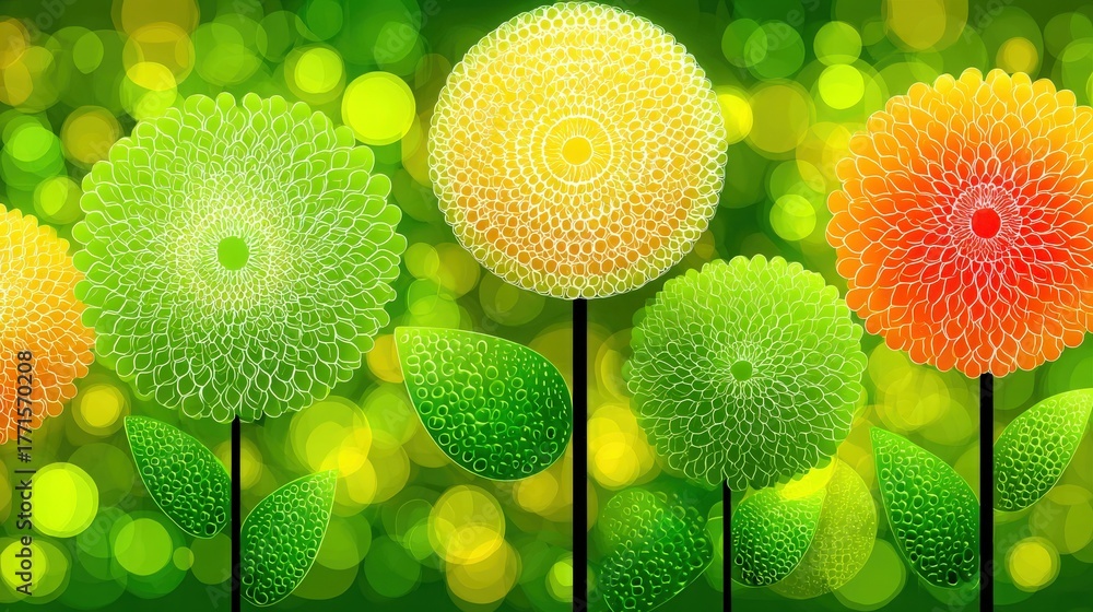 A group of colorful abstract flowers stands tall against a bright green background filled with soft bokeh lights. Each flower features intricate designs and vivid colors, creating a cheerful scene.