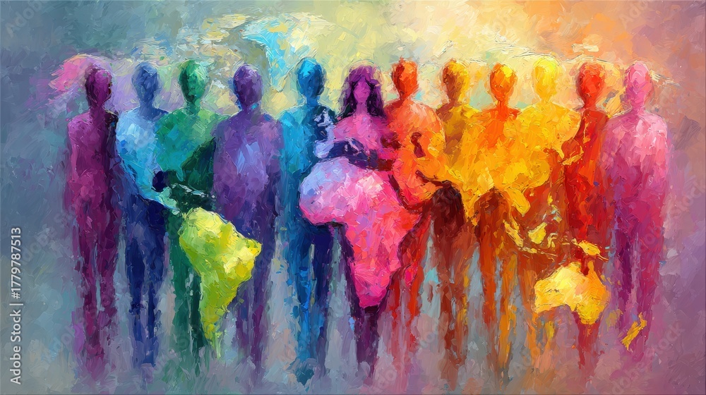 A group of colorful silhouettes stands together, each shaded in various hues. The figures symbolize unity and diversity, while outlines of continents are visible, showcasing a global connection.