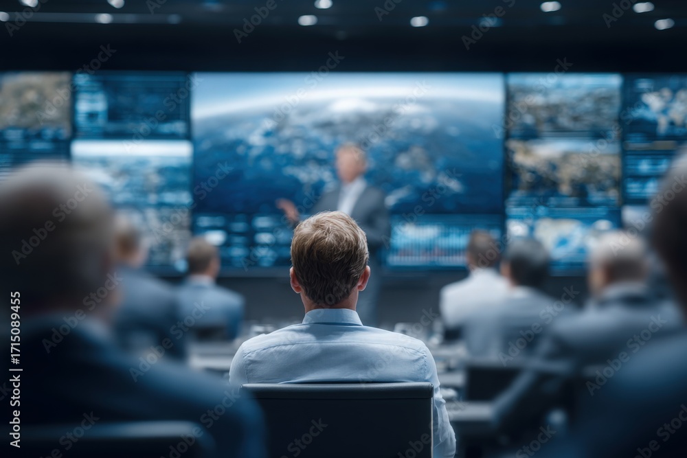 A group of individuals listens attentively to a speaker presenting in a high-tech conference room. Multiple screens display various data and visuals related to the topic.
