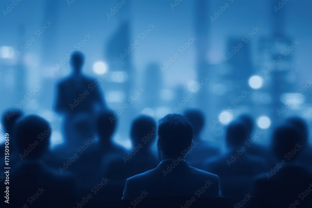 A group of professionals sits quietly in a dimly lit conference hall. A speaker stands in front, addressing the audience, with city lights glowing outside the windows, indicating evening time.