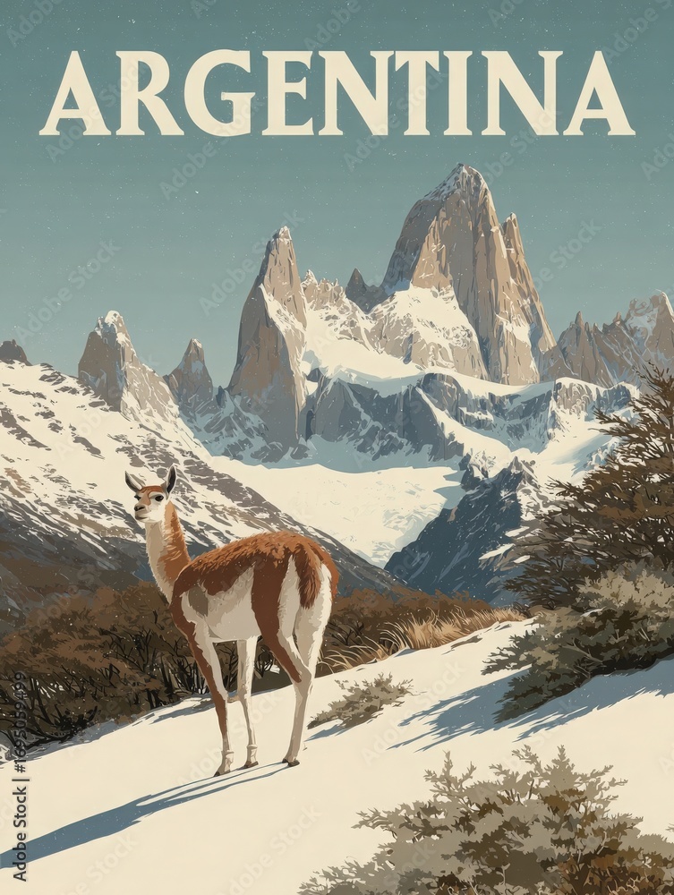 A guanaco stands gracefully in a snow-covered landscape, framed by towering mountains in Argentina. The serene setting captures the beauty of nature and wildlife in this pristine environment.
