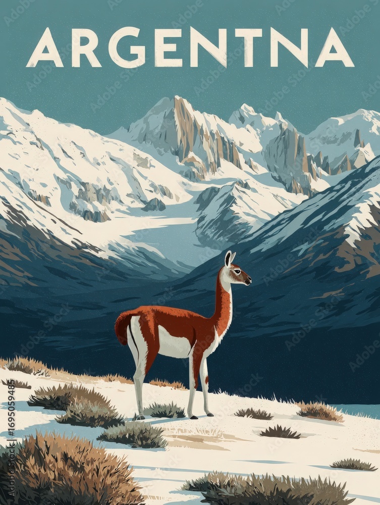 A guanaco stands gracefully on a snowy terrain with towering mountains in the background. The vibrant colors highlight Argentinas stunning natural beauty, creating a serene atmosphere.