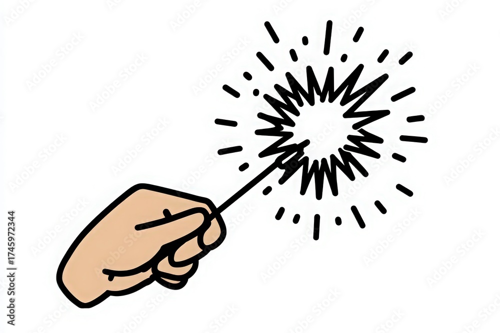 A hand is holding a stick that emits bright sparks, creating an exciting and festive atmosphere. The energetic display suggests a celebration or special event, highlighting joy and festivity.