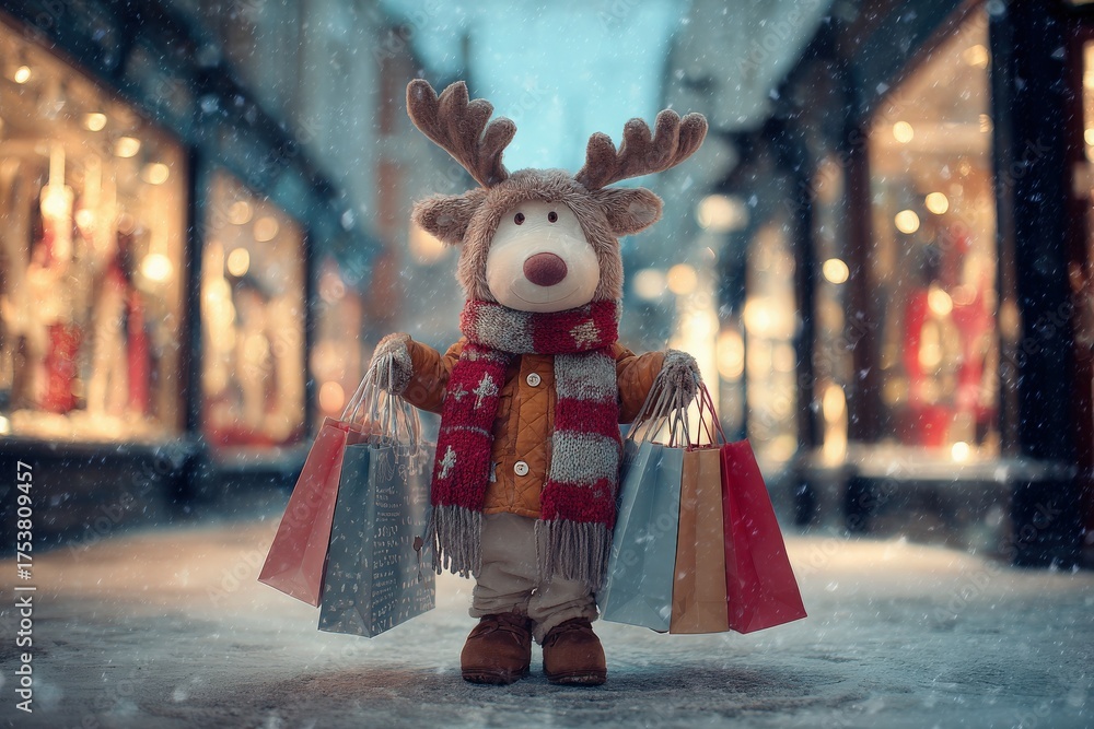 A happy reindeer character stands on a snowy street, holding several shopping bags. The festive setting features holiday decorations and warm lights in store windows, creating a joyful atmosphere.