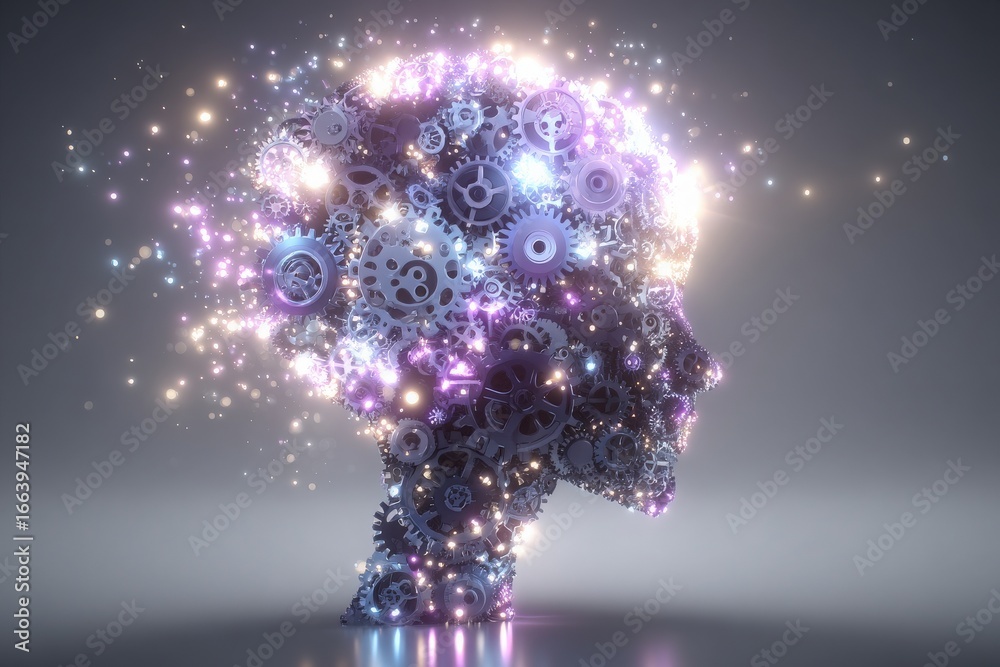 A head silhouette filled with intricate gears and luminous sparks showcases the blend of creativity and technology. The scene highlights an innovative concept of a vibrant and dynamic mind.
