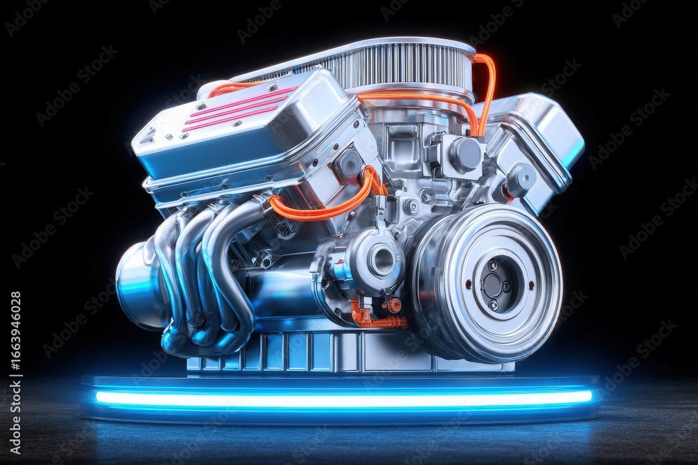 A high-performance engine is showcased, featuring chrome components and illuminated design elements.
