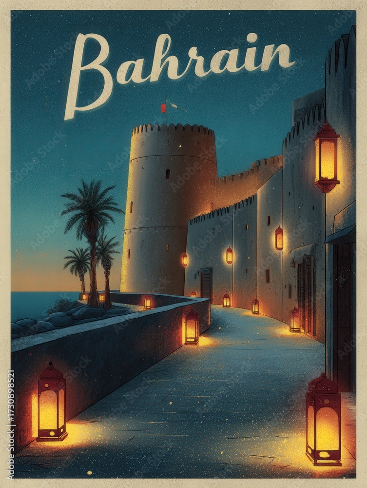 A historic fort in Bahrain stands tall against a dusky sky. The pathway is lined with glowing lanterns, palm trees, and the tranquil seaside creates an enchanting evening atmosphere.