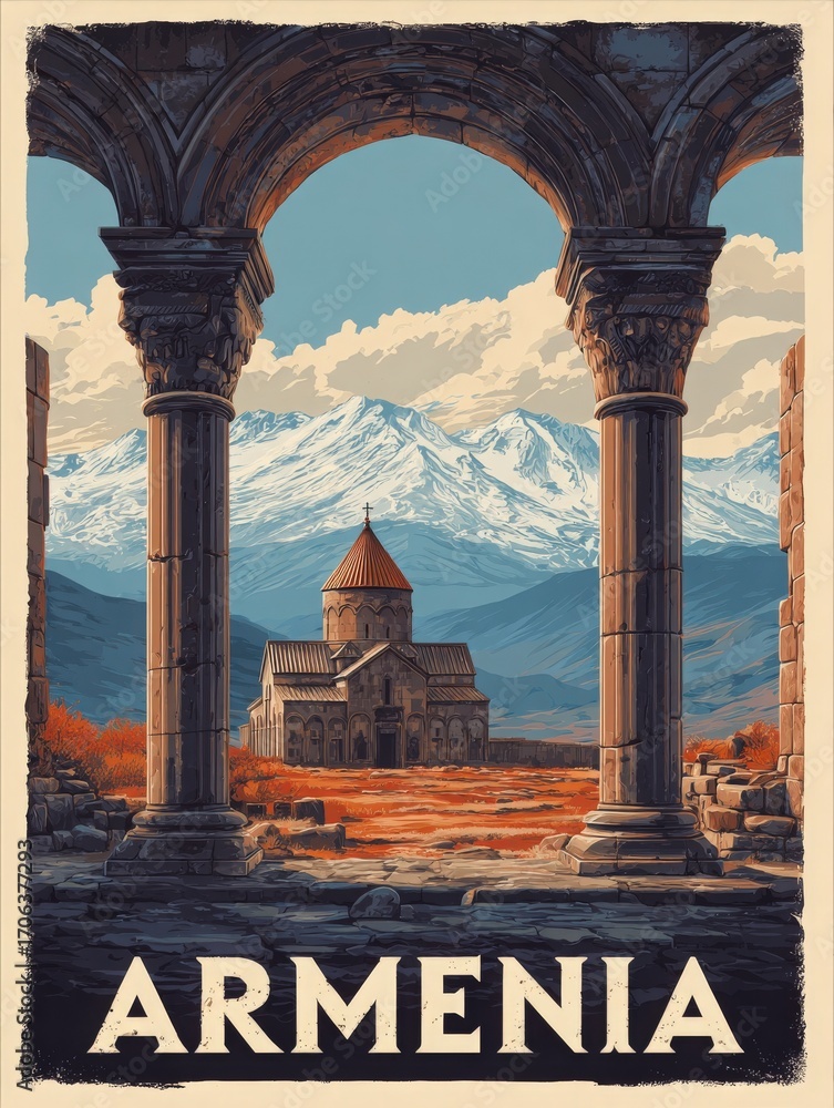 A historical church nestled in a picturesque valley. Stone arches frame the view, highlighting snow-capped mountains in the background. The sky is clear, and the landscape is vibrant.