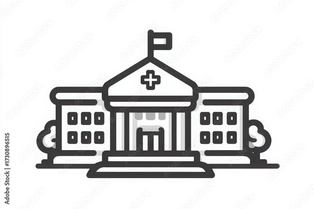 A hospital building featuring a central entrance, flag, and medical cross symbol. It is designed in a minimalist style with clear lines.