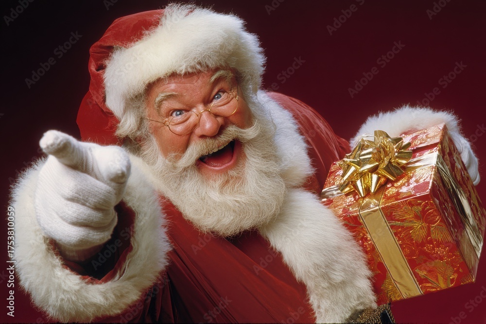 A jolly Santa Claus dressed in red with a white beard holds a beautifully wrapped gift. He smiles widely and points, embodying festive spirit during the Christmas season.