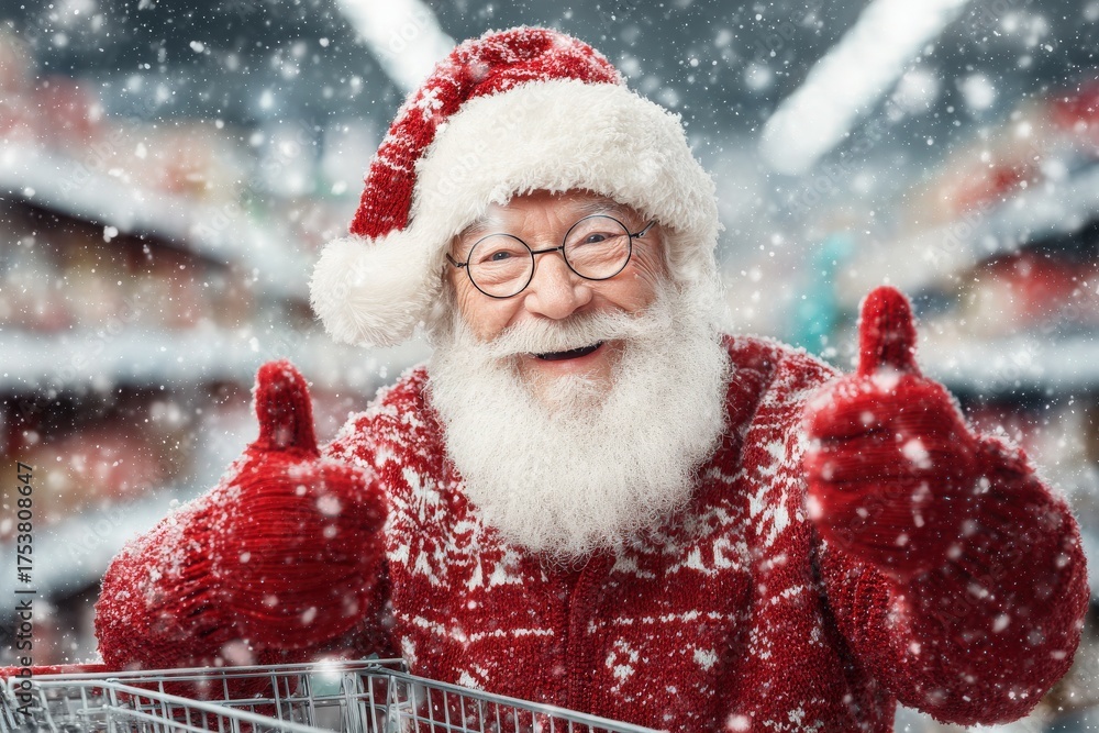 A jolly man in a Santa costume smiles while giving two thumbs up in a grocery store. Snowflakes gently fall, adding a festive touch to his joyful presence and holiday spirit.