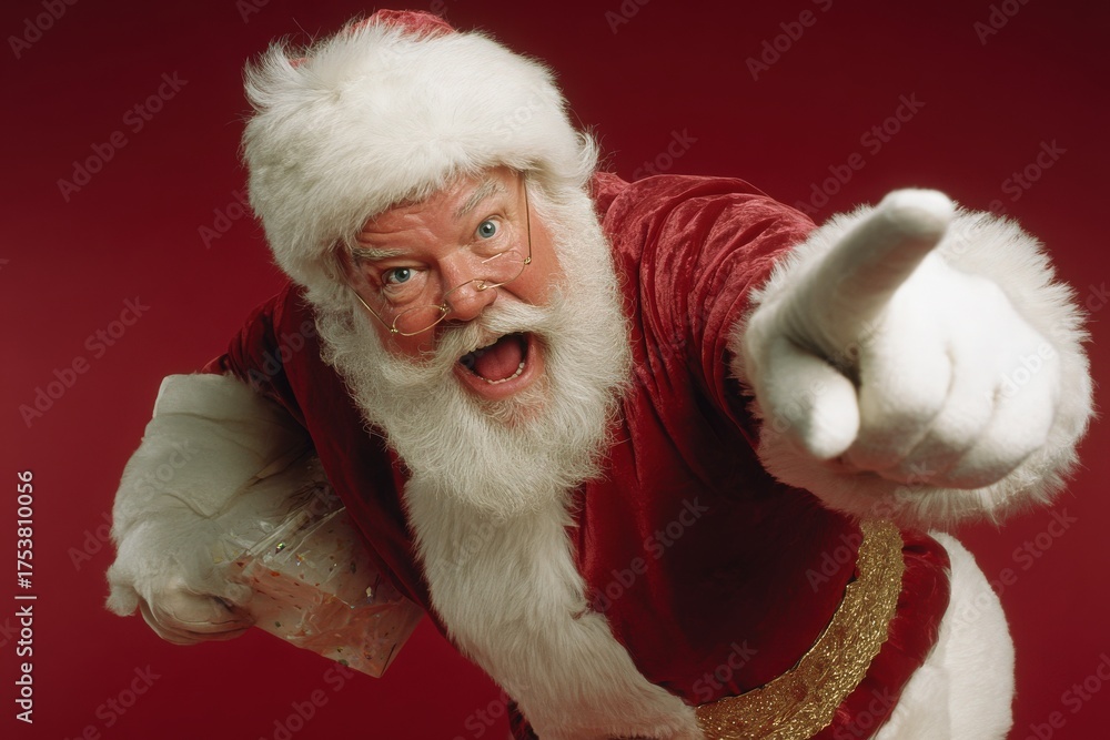 A joyful Santa Claus wearing a red suit and a white hat enthusiastically points and smiles while holding a wrapped gift. The background is vibrant red, creating a festive atmosphere.