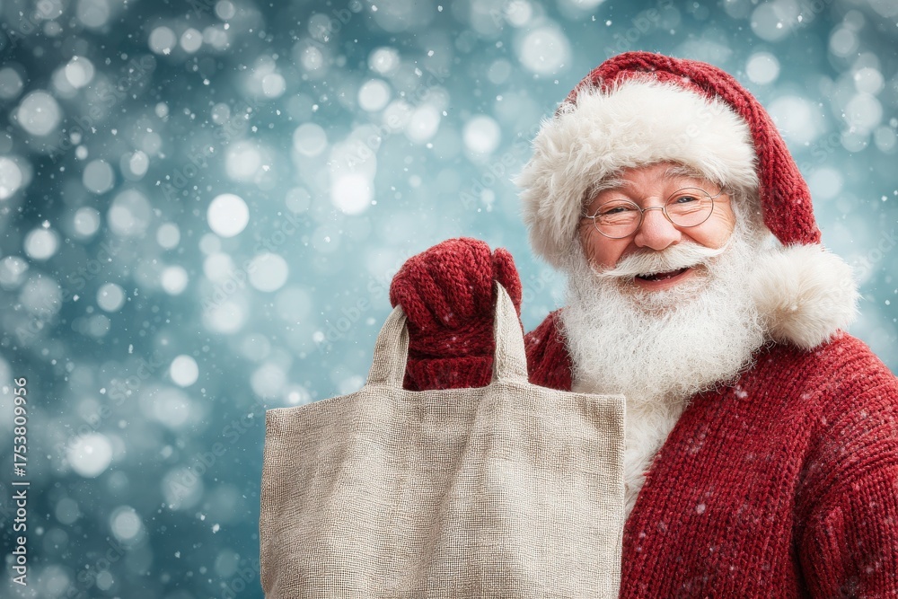 A joyful man dressed in a red Santa outfit holds a sack with a broad smile. Snowflakes gently fall around him, creating a cheerful holiday atmosphere.