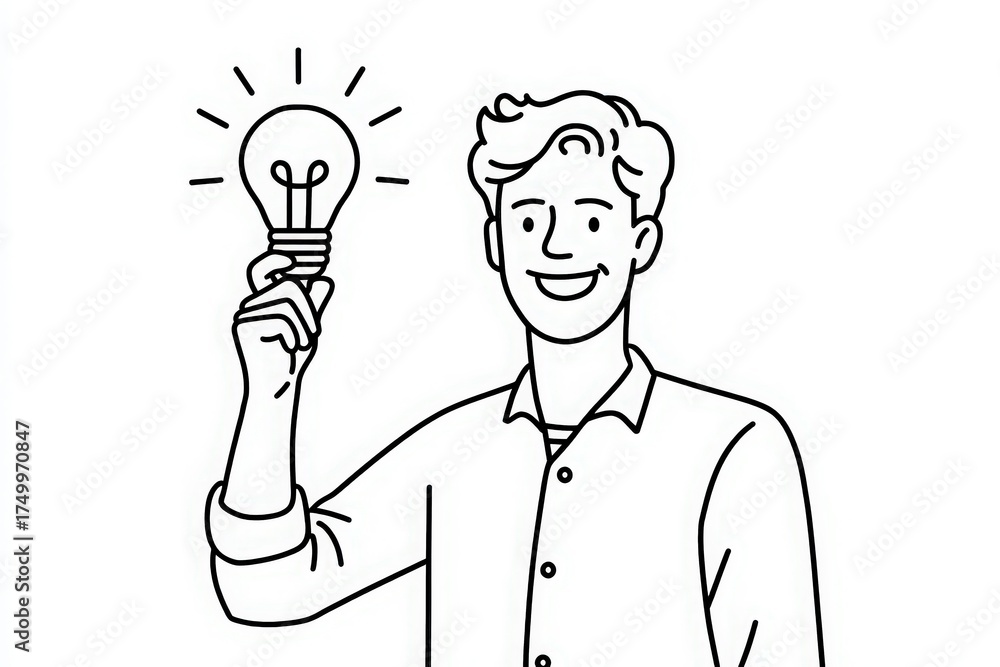 A joyful man raises a light bulb in one hand, symbolizing a bright idea. The illustration has a minimalist design, focusing on clarity and expression. His smile reflects enthusiasm and creativity.