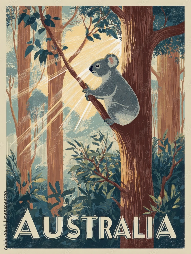 A koala is perched on a tree branch amidst tall trees in an Australian forest. Soft sunlight streams through the leaves, creating a serene atmosphere in the natural habitat.