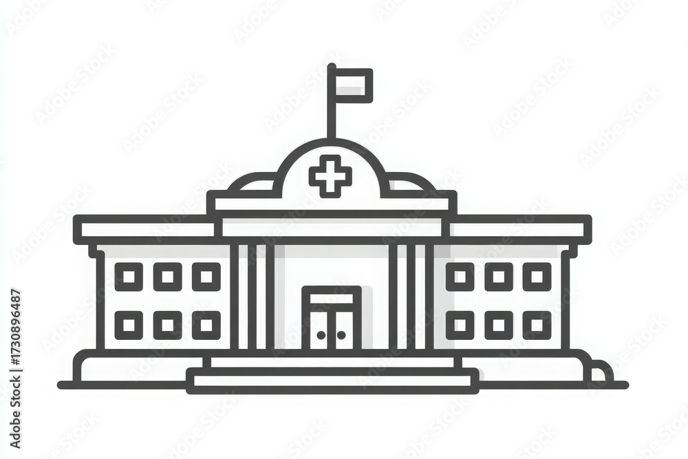 A large healthcare building with a prominent medical cross and flag stands tall. Its architecture is classic and inviting, with many windows and a main entrance situated at the front.