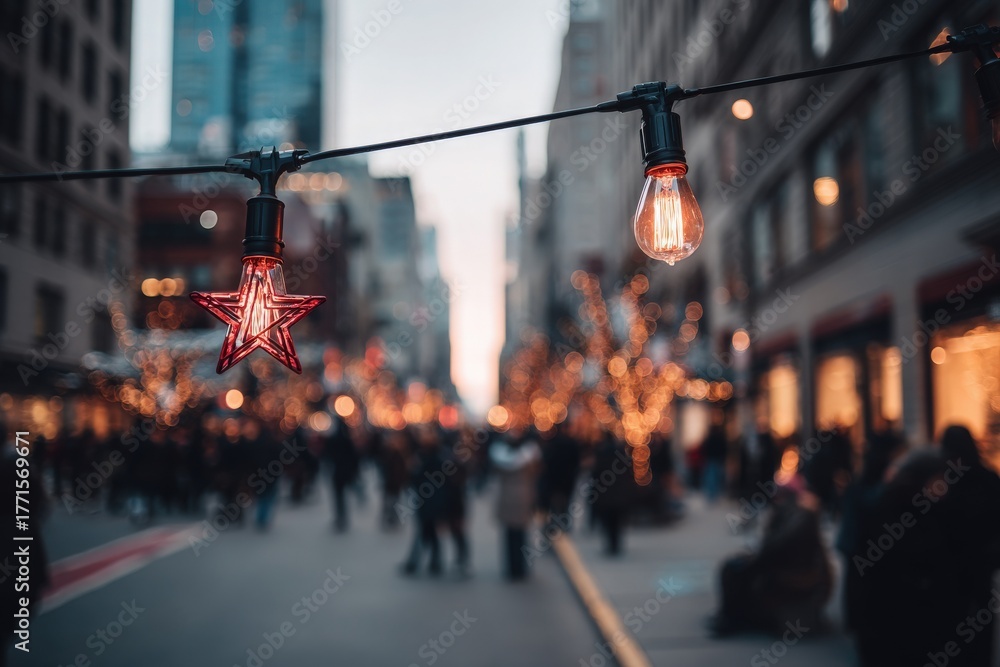 A lively street scene at dusk shows a crowd of people enjoying the festive atmosphere. Strings of lights and a large star hang above, illuminating shops and trees adorned with warm lights.