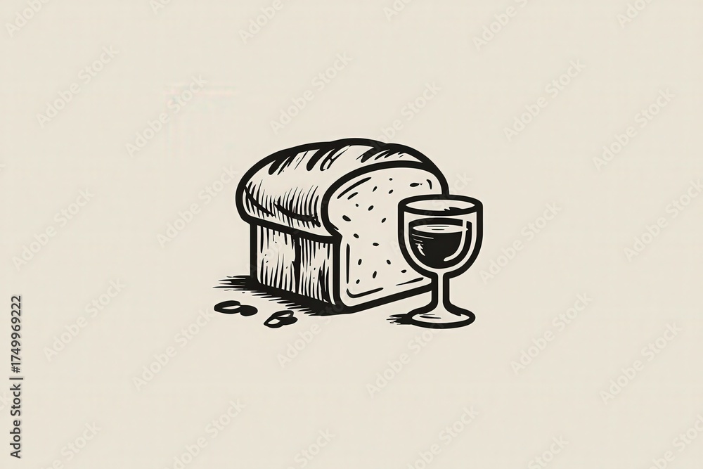 A loaf of freshly baked bread sits next to a glass of red wine on a light-colored surface. The warm tones of the bread contrast with the glass, creating a cozy, inviting scene.