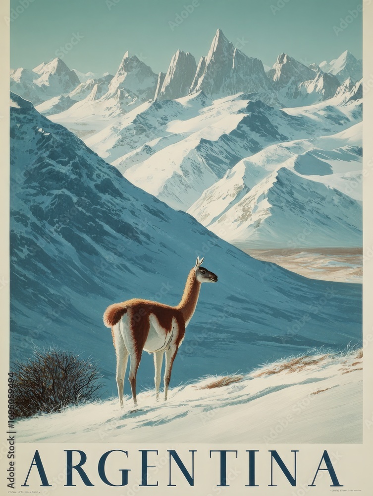 A lone animal stands on a snowy slope, looking towards majestic mountains. The clear sky enhances the beauty of the scenery, showcasing the rugged terrain of Argentinas wilderness.