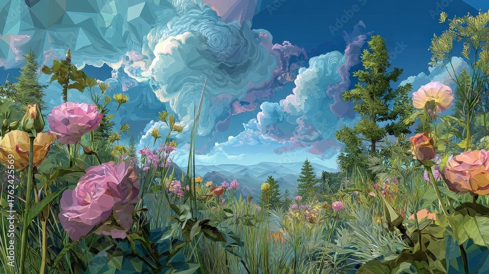 A lush field of blooming flowers showcases vibrant colors against a backdrop of rolling hills. The sky is bright blue with fluffy clouds, creating a serene and beautiful scene in nature.