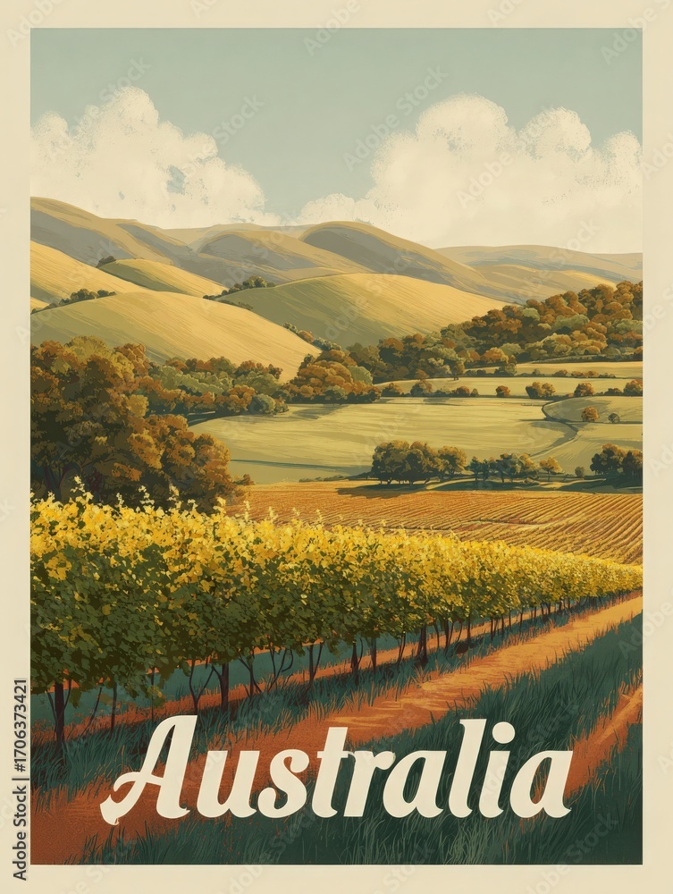 A lush vineyard stretches across rolling hills under a clear blue sky in Australia. Golden grapevines flourish among the green fields, showcasing the beauty of the countryside.