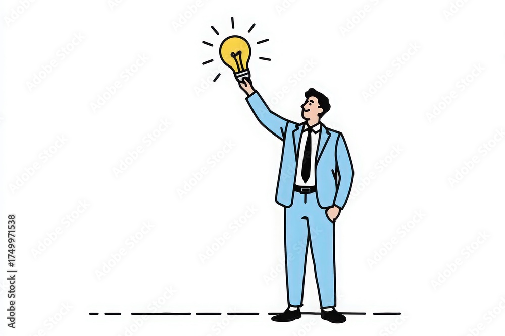 A man in a light blue suit stands confidently while holding a bright light bulb above his head. This scene symbolizes creativity and the excitement of new ideas in a professional setting.