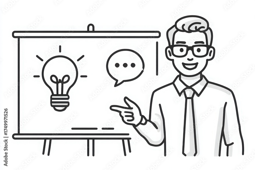 A man in a shirt and tie stands in front of a presentation board. He points towards a drawn light bulb symbolizing ideas. A speech bubble is shown beside him, indicating discussion.