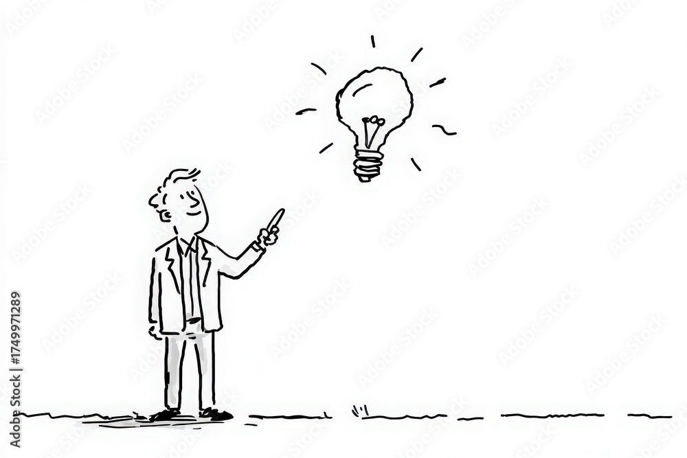 A man in a suit stands with a finger raised, looking up at a lightbulb that shines brightly above him. This scene captures a moment of inspiration and creativity, symbolizing new ideas and thoughts.