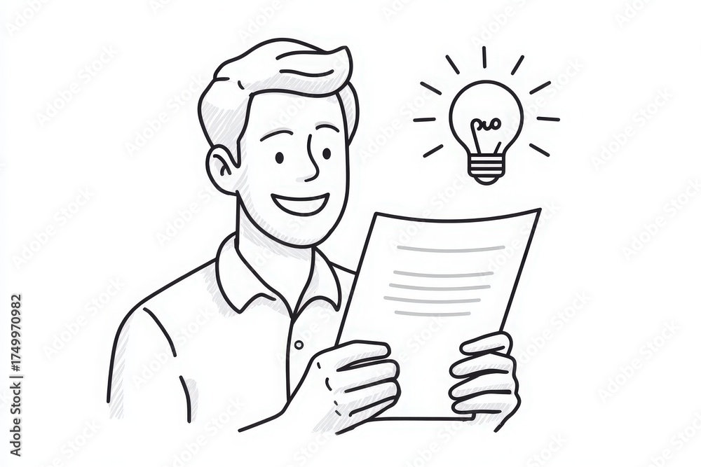 A man is smiling while reading a paper, symbolizing creativity and inspiration. A light bulb above his head adds emphasis to the ideas he is discovering. The scene reflects positive thinking.