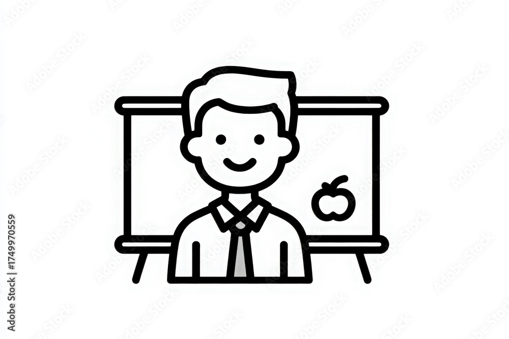 A man wearing a shirt and tie is smiling while standing in front of a chalkboard. An apple is drawn on the side of the board, representing a classic symbol of education.