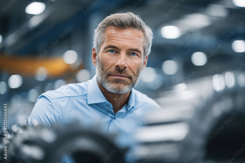A man with a beard and blue shirt focuses on his work inside a spacious warehouse. Bright lights above illuminate various machines and tools, creating a professional atmosphere.